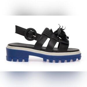 Manolita Demain Tratorada Preta Platform Sandals Black Leather Blue Sole Size 37